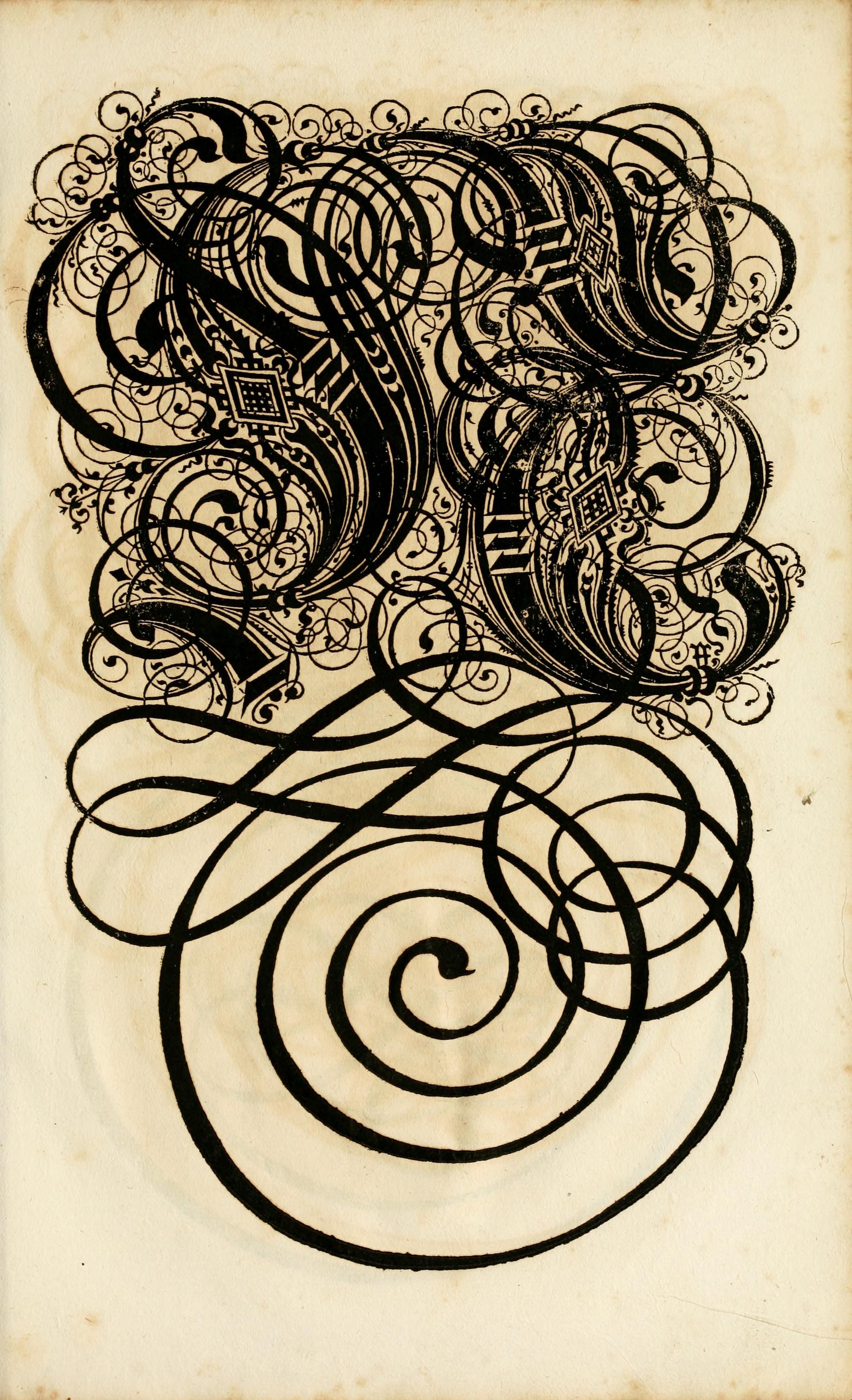 A detailed, ornate illustration with a vintage aesthetic. It features a complex arrangement of swirling lines and intricate patterns, all rendered in black ink against a textured, aged beige background.
