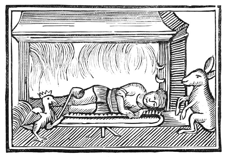 A black and white woodcut illustration of a person lying in bed with a goose and a kangaroo looking at them.
