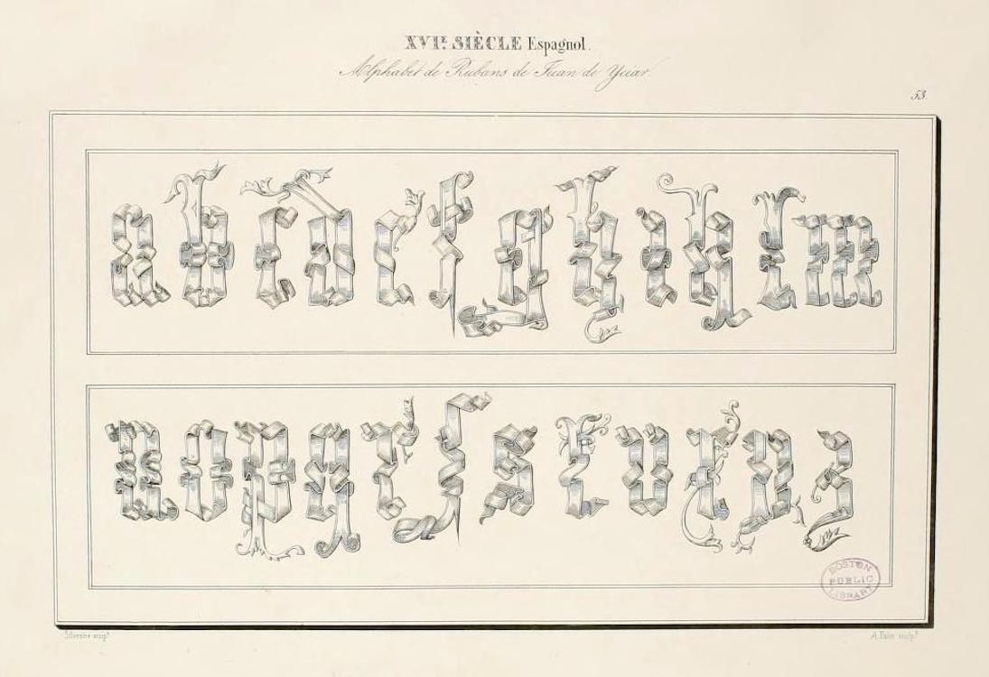Vintage illustration of a 16th-century Spanish alphabet with ornate letters and flourishes.