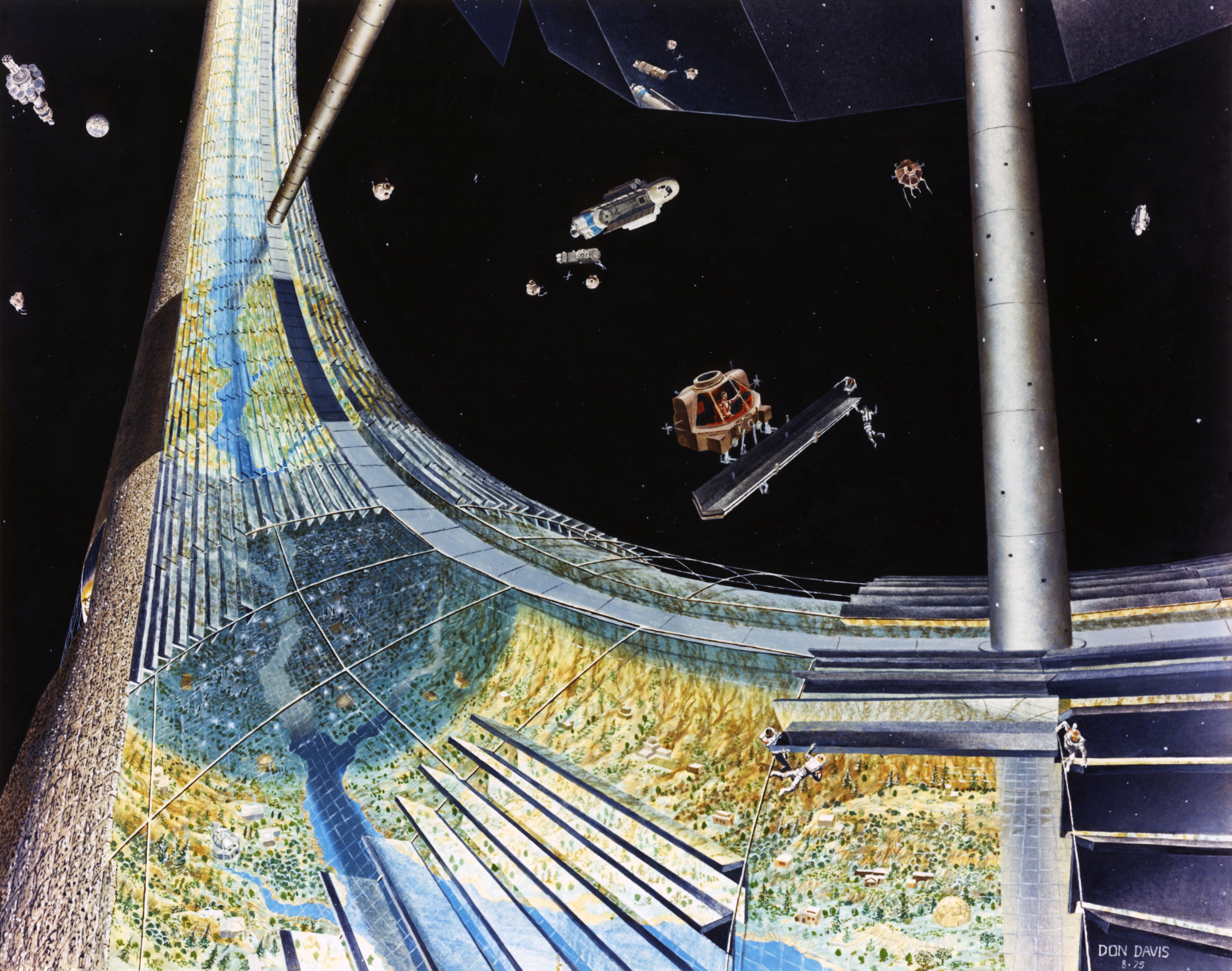 A detailed illustration of a massive, futuristic space station or habitat. It's a colossal cylindrical structure, seemingly kilometers in diameter, rotating in space. The interior surface of the cylinder is designed to simulate a terrestrial environment.