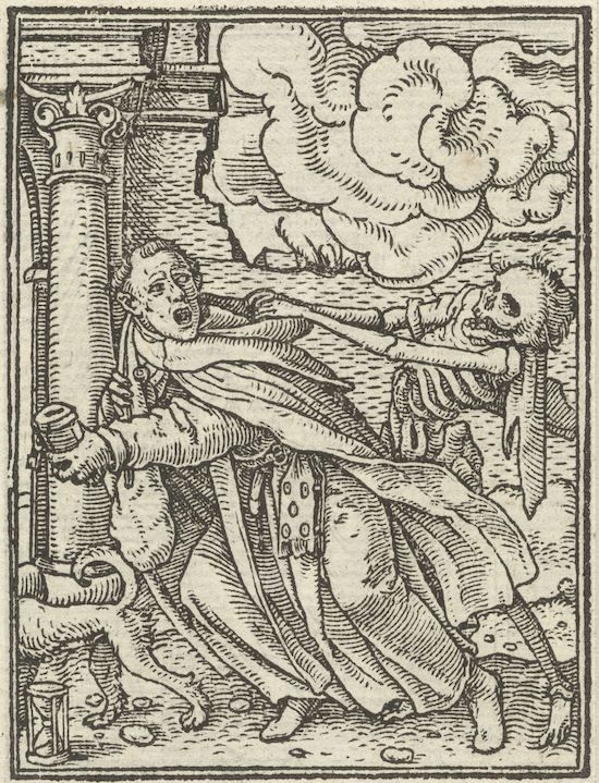 A woodcut image of a man being dragged by a skeleton.