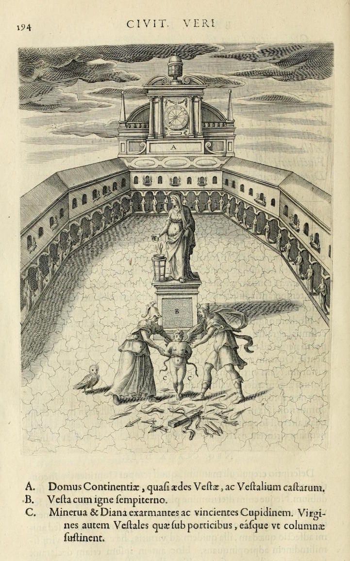 A detailed black and white engraving depicting a classical architectural scene with statues and figures.