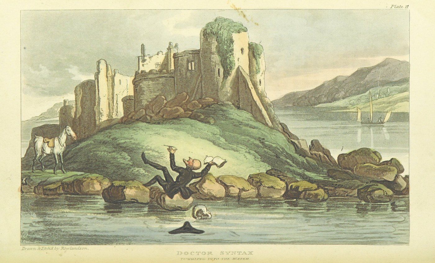 Vintage illustration of a man falling into water near a castle, with a horse and rider watching.