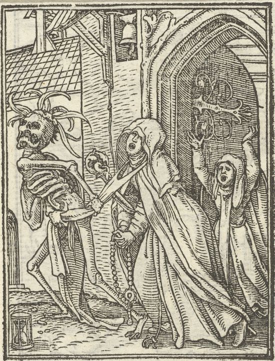 A black and white woodcut illustration depicting Death dragging a monk away from a doorway, while another monk looks on in horror.