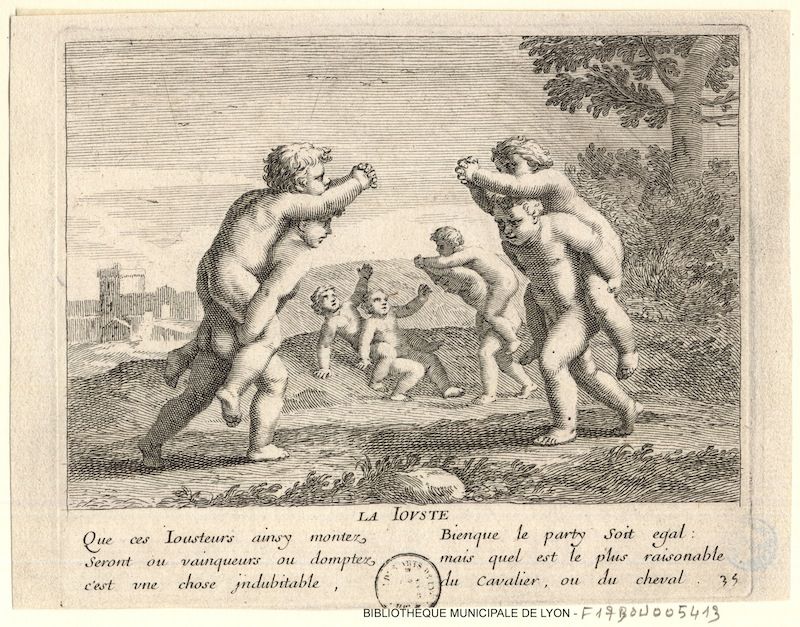 A black and white engraving depicting five cherubic figures engaged in a playful struggle. One cherub is in mid-leap, while two others attempt to pull him down. The scene is dynamic and energetic, with fine lines and cross-hatching used to create shading and texture. Below the image is a block of text in French.