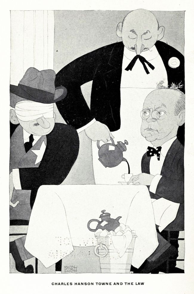 A black and white cartoon depicting three men around a table with a chaotic scene of broken objects, symbolizing a critique of the law.