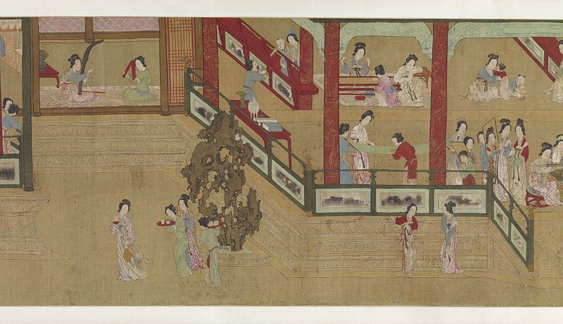 A section of a long, horizontal scroll painting depicting a scene from a Chinese court or noble household. Numerous figures, primarily women, are engaged in various activities within a series of interconnected rooms.