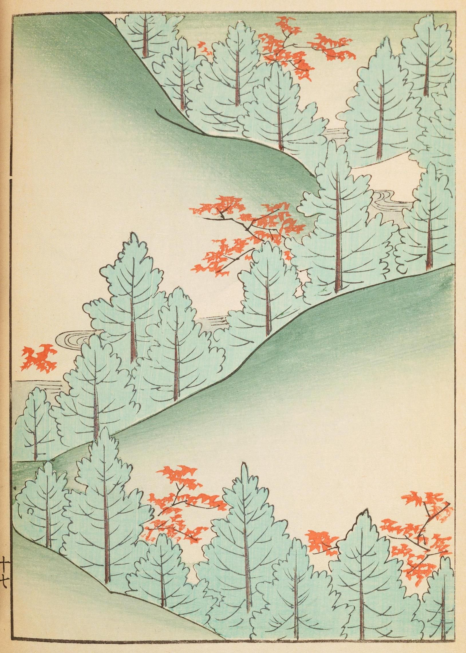 Vintage illustration of a landscape with evergreen and maple trees.