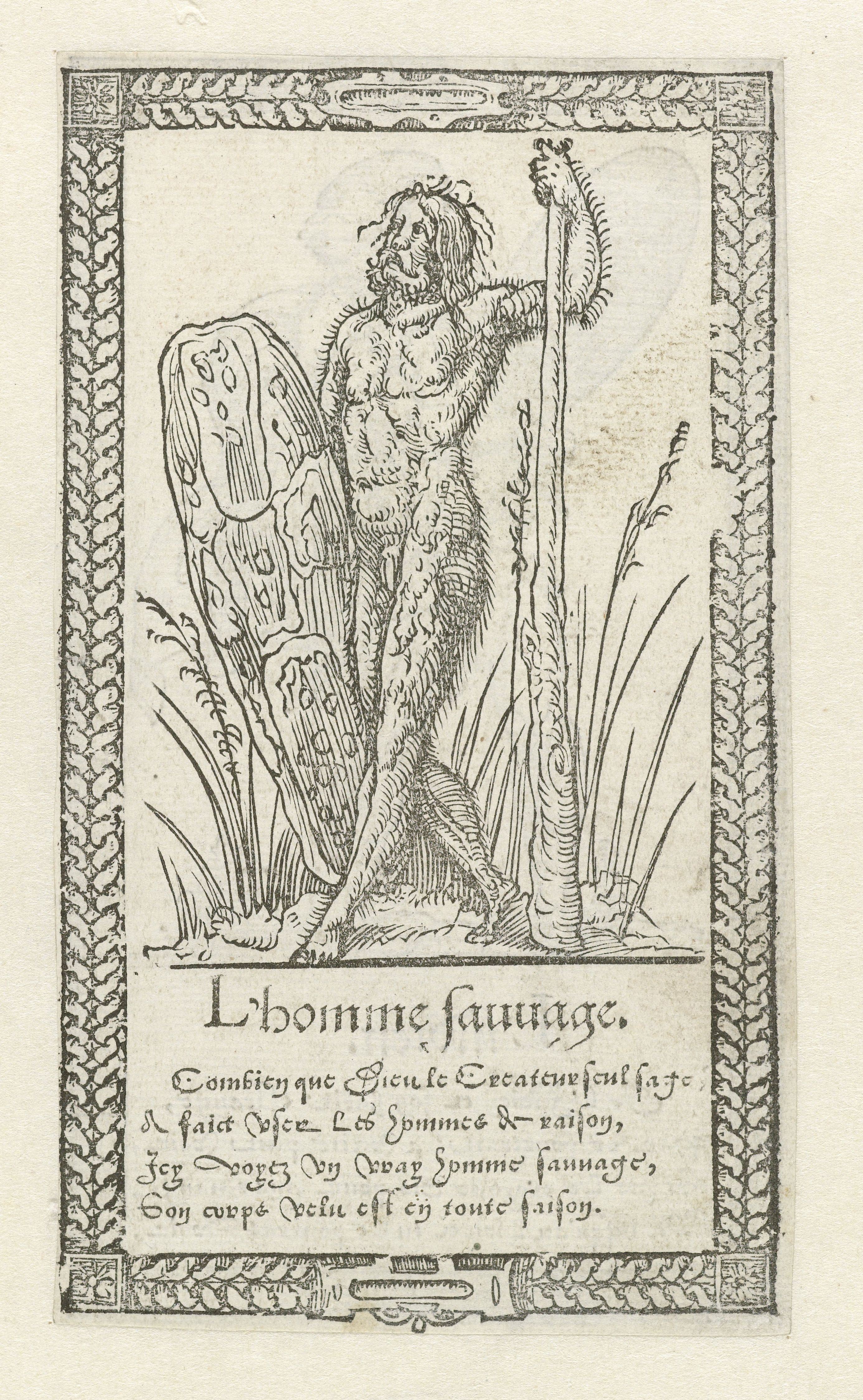 A black and white engraving of a wild man kneeling in a forest, with text below and a decorative border.