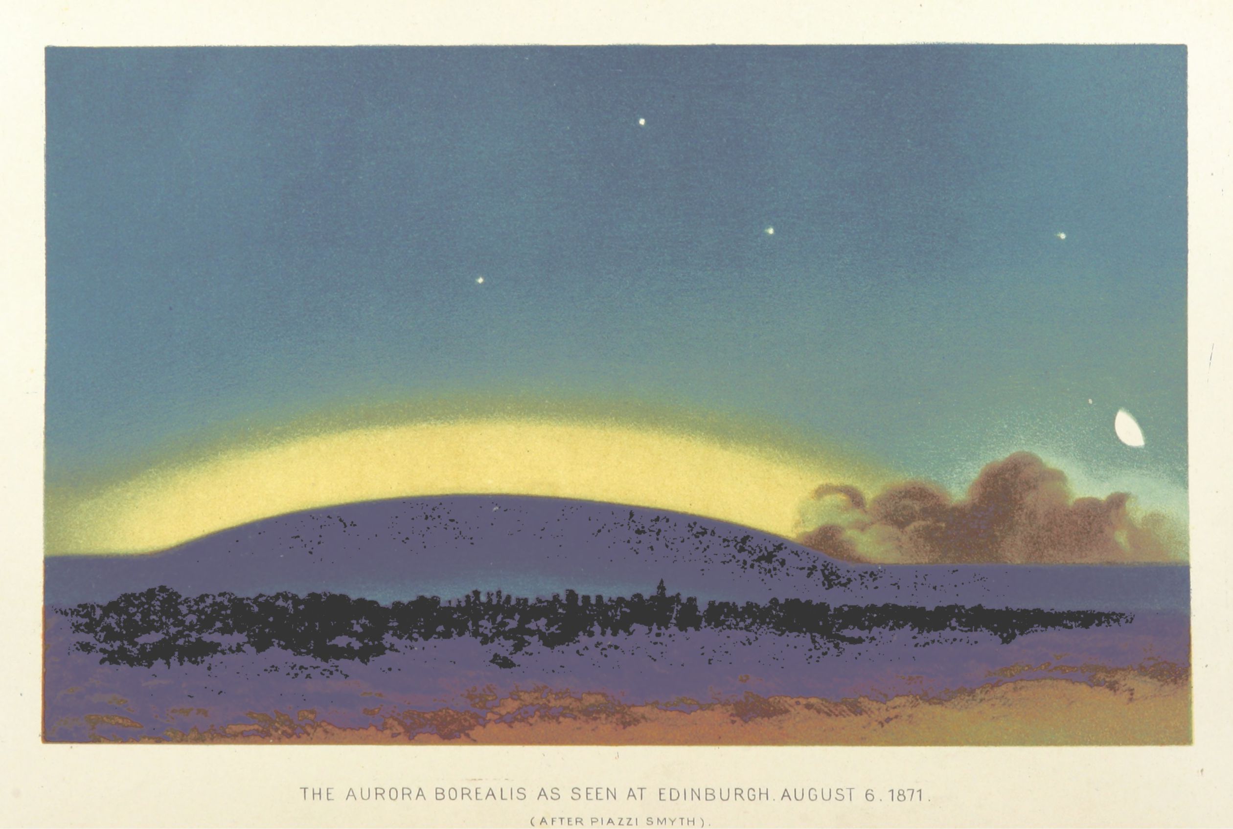 Vintage lithograph of the Aurora Borealis over Edinburgh, August 6, 1871.