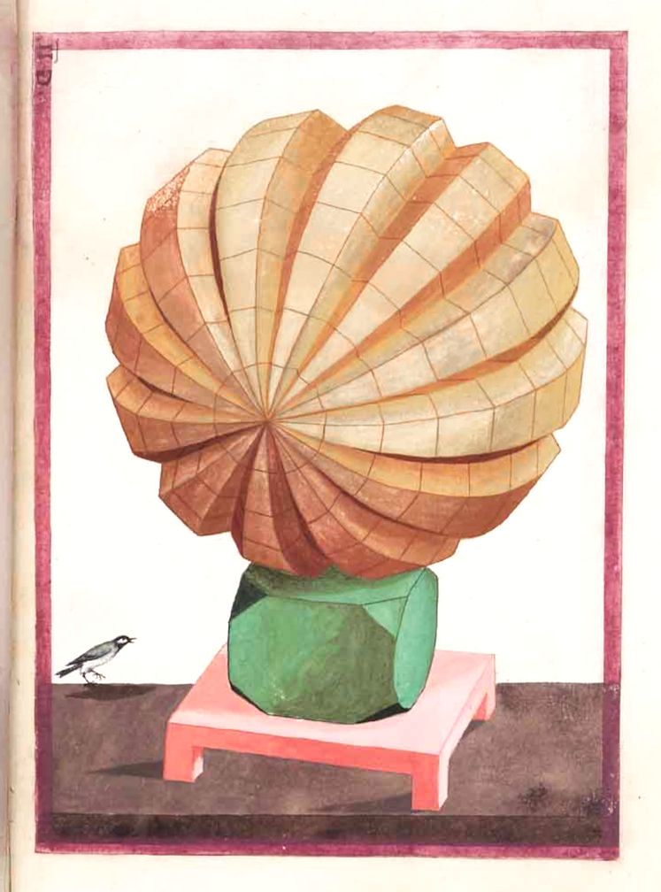 Watercolor painting of a stylized flower on a table with a bird.