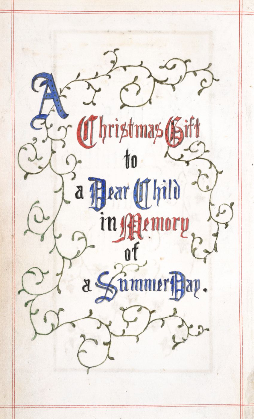 A vintage page with ornate calligraphy reading "A Christmas Gift to a Dear Child in Memory of a Summer Day."