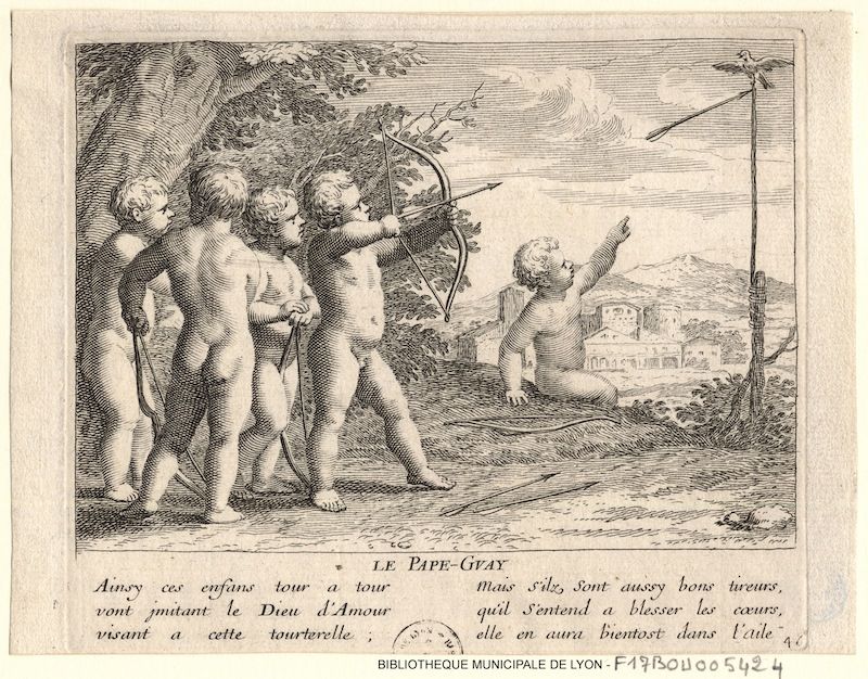 A black and white engraving depicting a scene with cherubs and a tower.