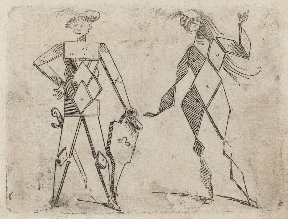 A black and white sketch of a person on horseback, rendered in a highly stylized, geometric manner reminiscent of Cubism.