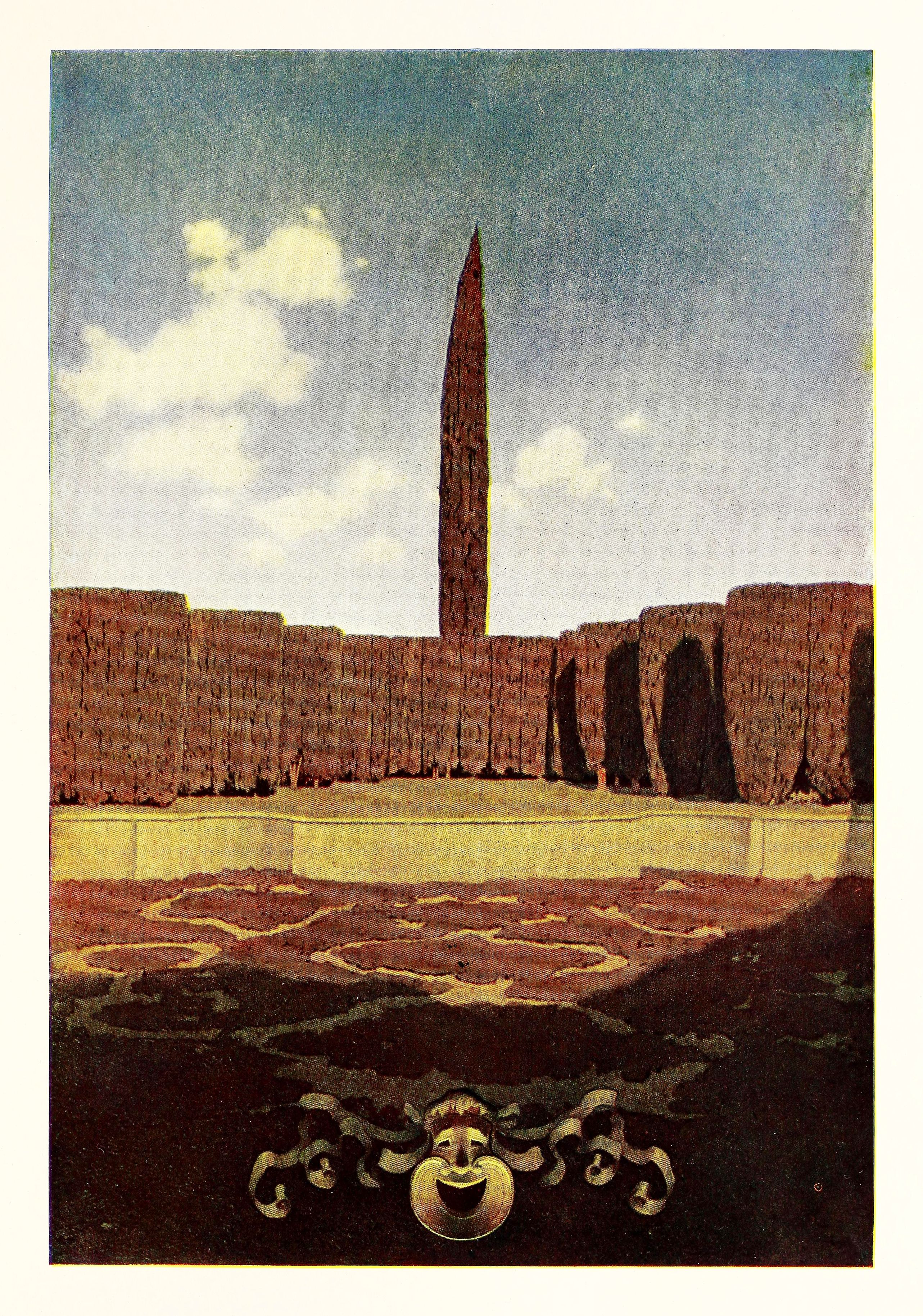 A vintage illustration of the Karnak Temple in Egypt, featuring a tall obelisk surrounded by massive columns and a patterned platform.