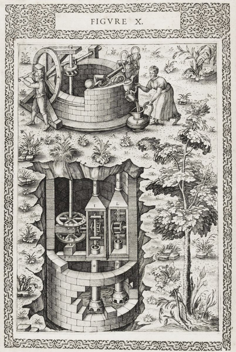 A detailed black and white engraving of a complex mechanical well system with figures operating it and a cutaway view of the underground workings.