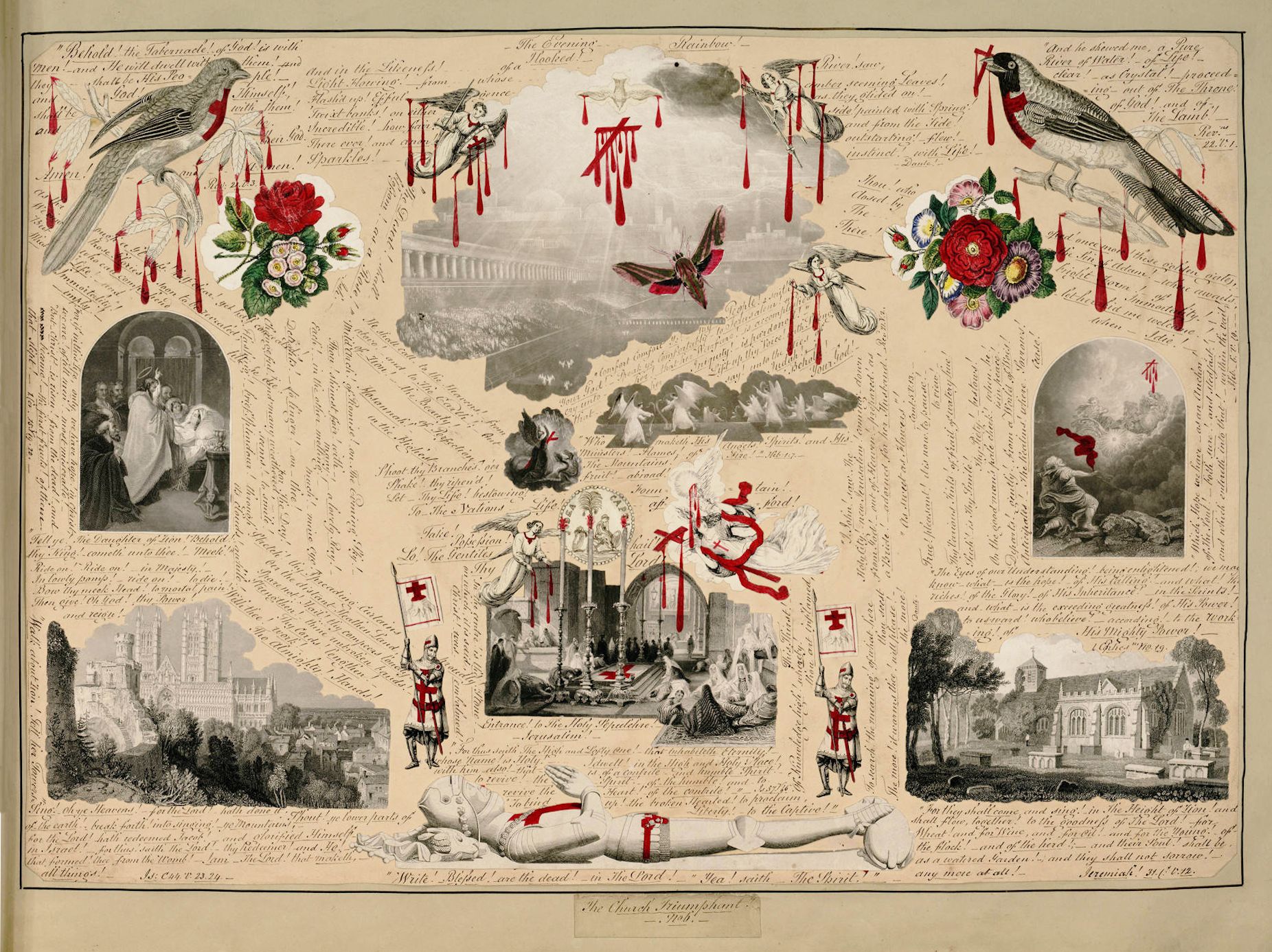 Antique illustration with a central scene of mourning and surrounding vignettes of landscapes, portraits, and religious figures, covered in dense text.