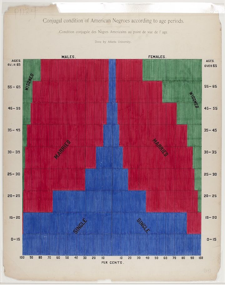 A stacked bar graph titled "Conjugal condition of American Negroes according to age periods" comparing the marital status of males and females across different age groups.