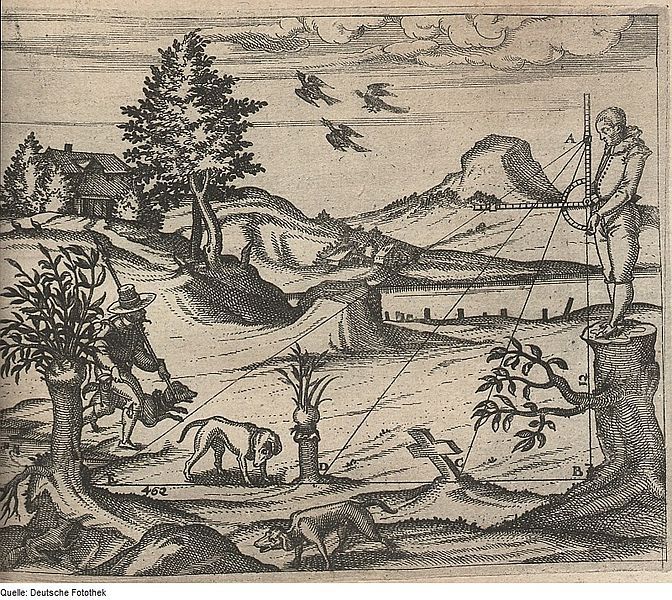 A black and white woodcut or engraving depicting a rural landscape with several figures and elements.