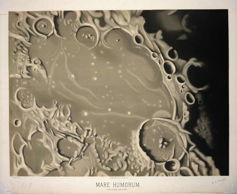 A sepia-toned photograph of the lunar surface, specifically a region called 'Mare Humorum' (Sea of Humors). The image is a detailed study made in 1878.