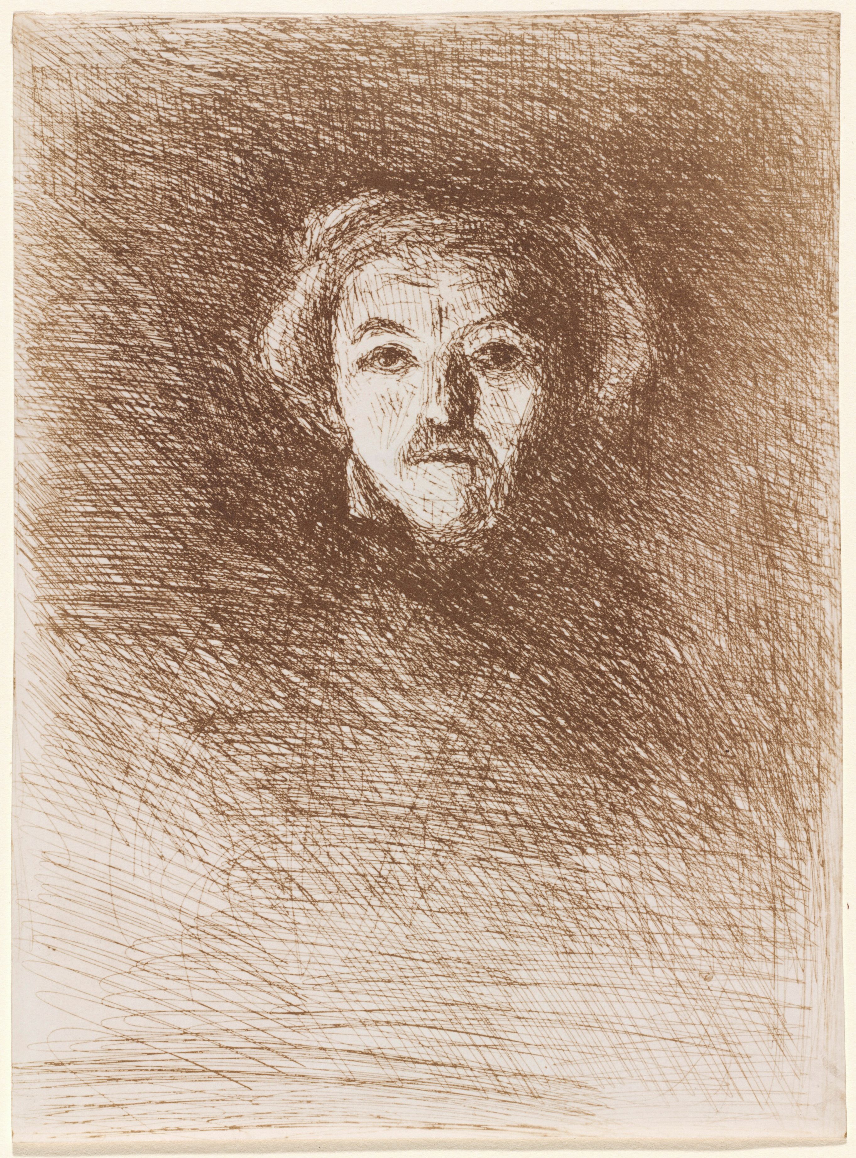 Sepia-toned etching of a man's head and shoulders, with a loose, expressive style and a melancholic mood.