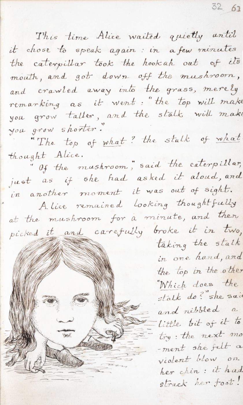 A vintage book page with a black and white illustration of a caterpillar and handwritten text.