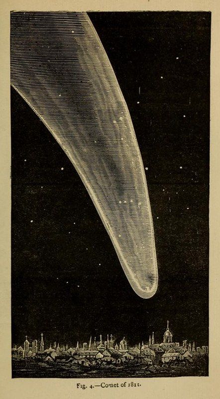 A vintage illustration of a comet streaking across the night sky above a European city.