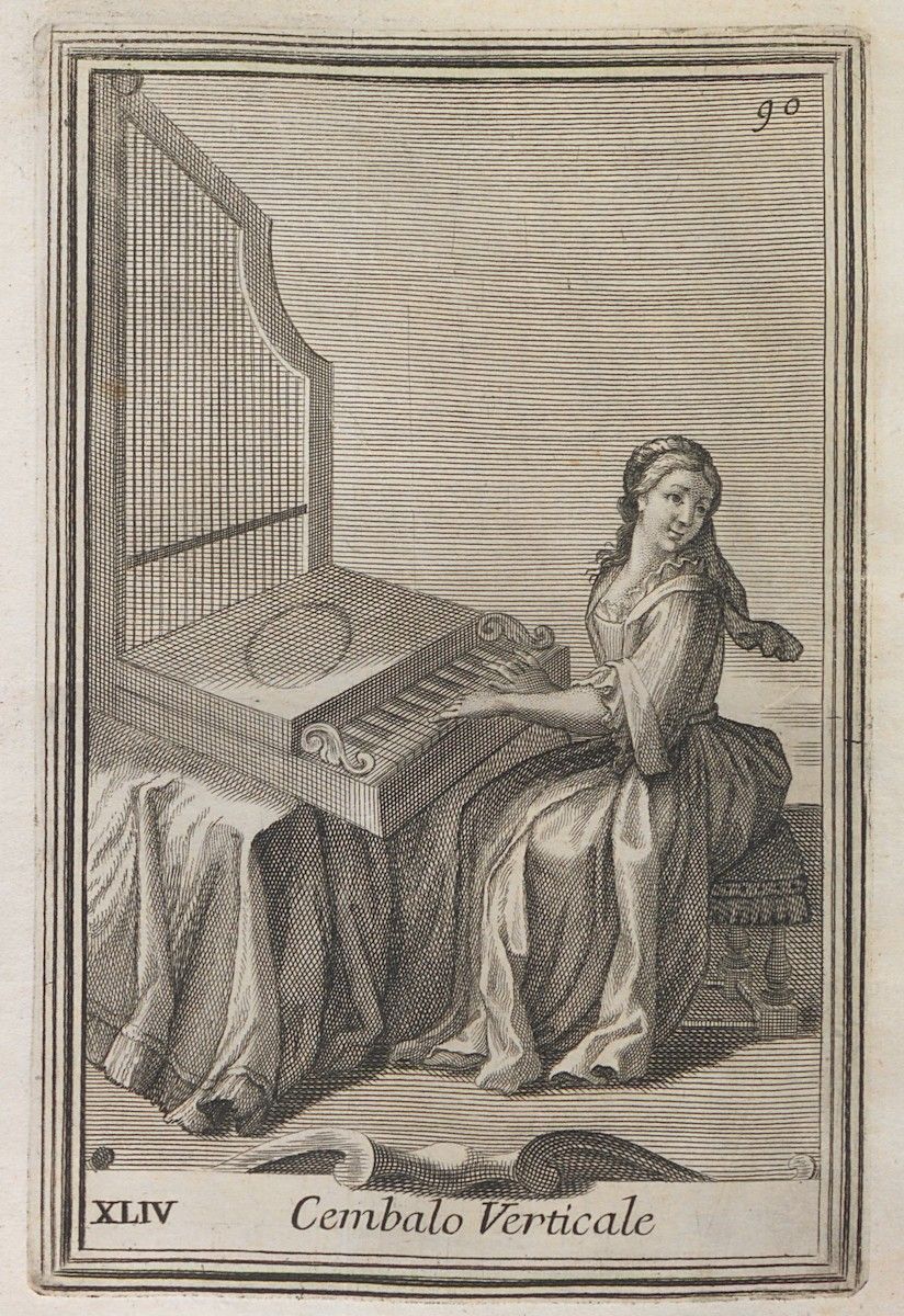 A black and white engraving of a woman playing a vertical harpsichord.