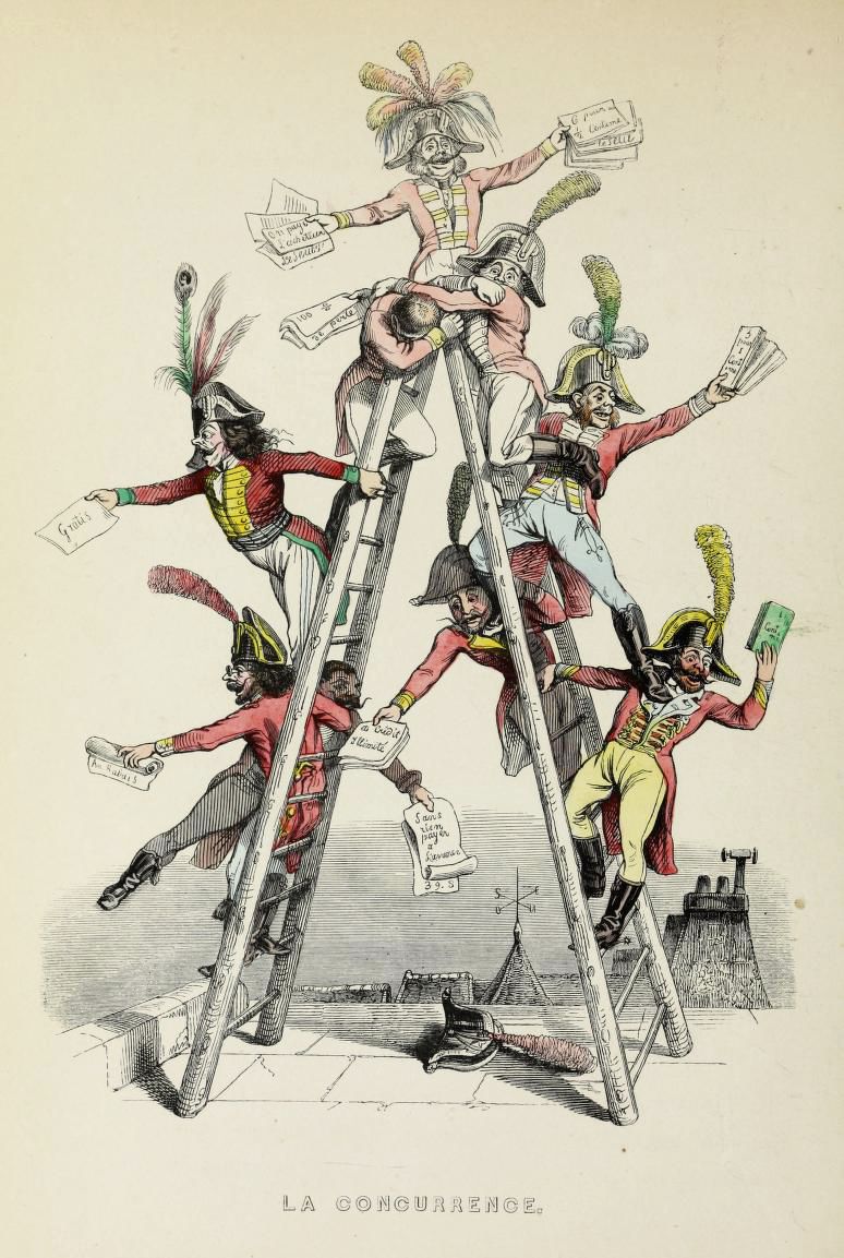 Vintage lithograph titled "La Concurrence" depicting men in military uniforms climbing a ladder.
