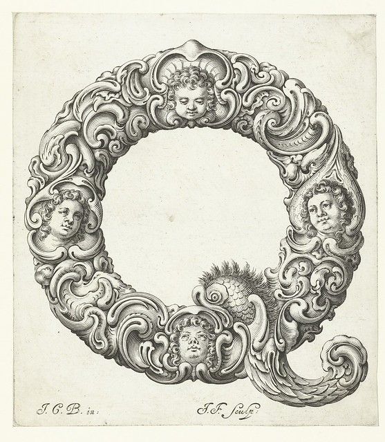 A black and white engraving of an ornate circular frame with cherub heads and swirling foliage.