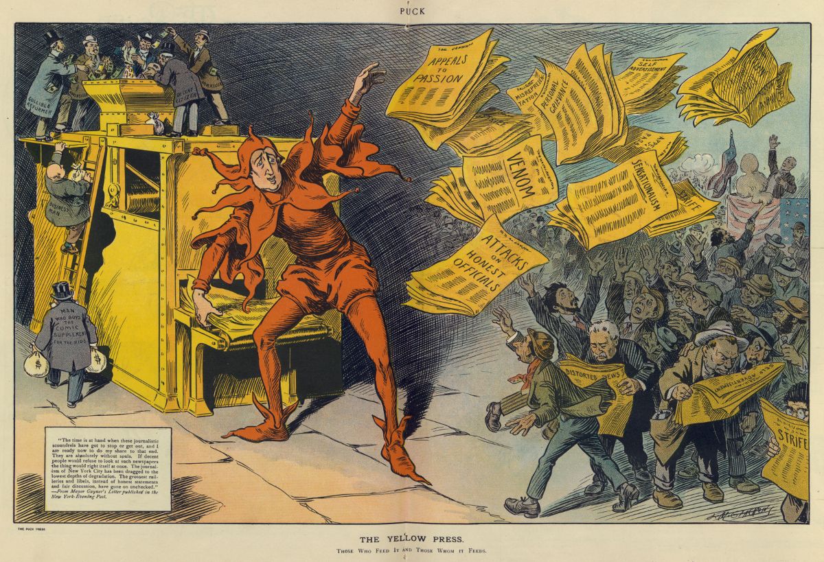 Political cartoon titled 'The Yellow Press' depicting a flamboyant figure throwing newspapers labeled with sensationalist terms into a chaotic crowd.