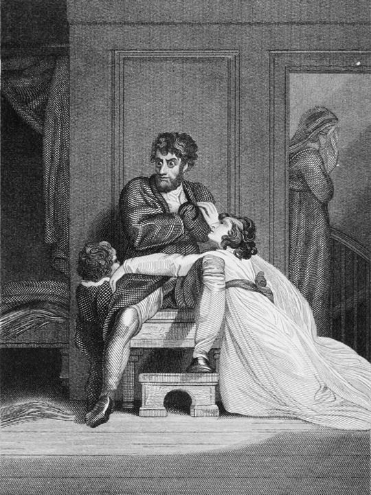 A black and white engraving depicting a man cradling a limp woman in his arms, with a young boy and another woman watching in the background.