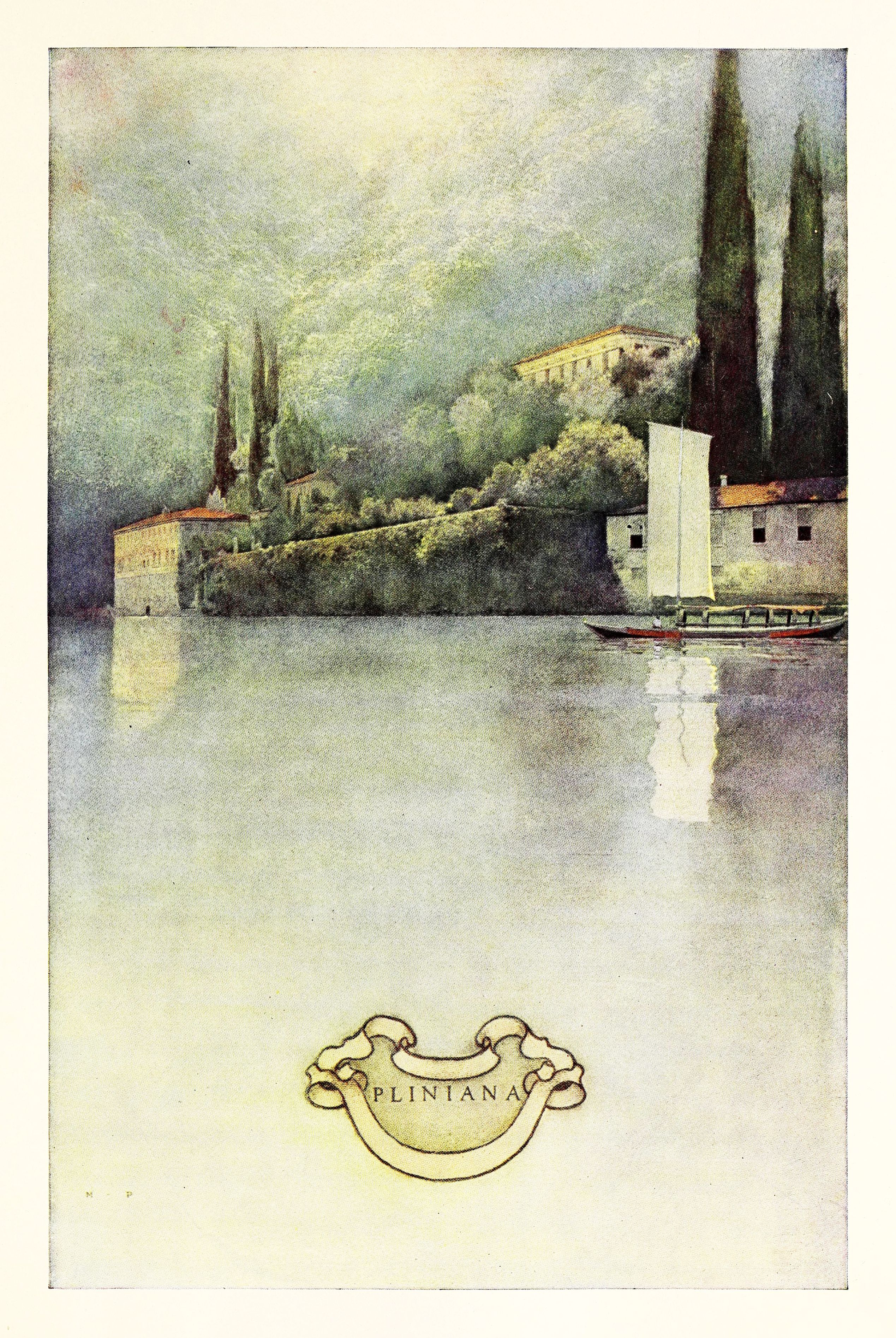 Vintage illustration of a serene lakeside landscape with classical buildings, cypress trees, and a boat, with the word "PLINIANA" in a decorative cartouche at the bottom.