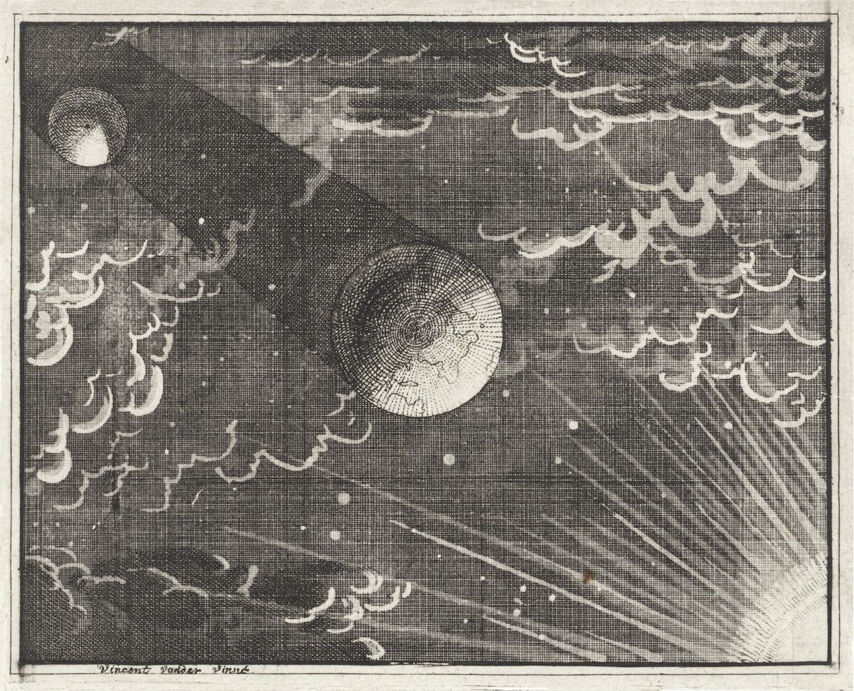 A black and white engraving of a night sky with a half-illuminated moon, clouds, stars, and a comet.