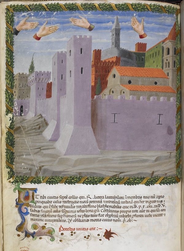 A medieval manuscript page with a detailed illustration of a castle and city.