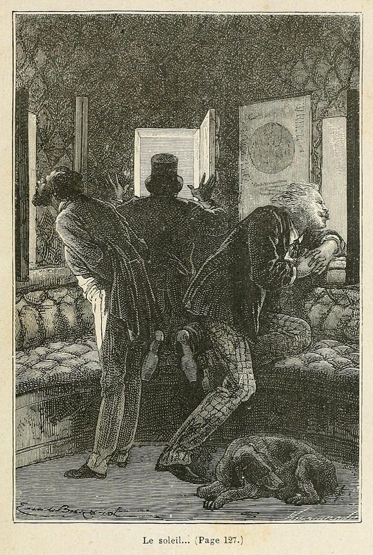 A black and white illustration of two men looking out a window, with an elderly man and a dog in the room.