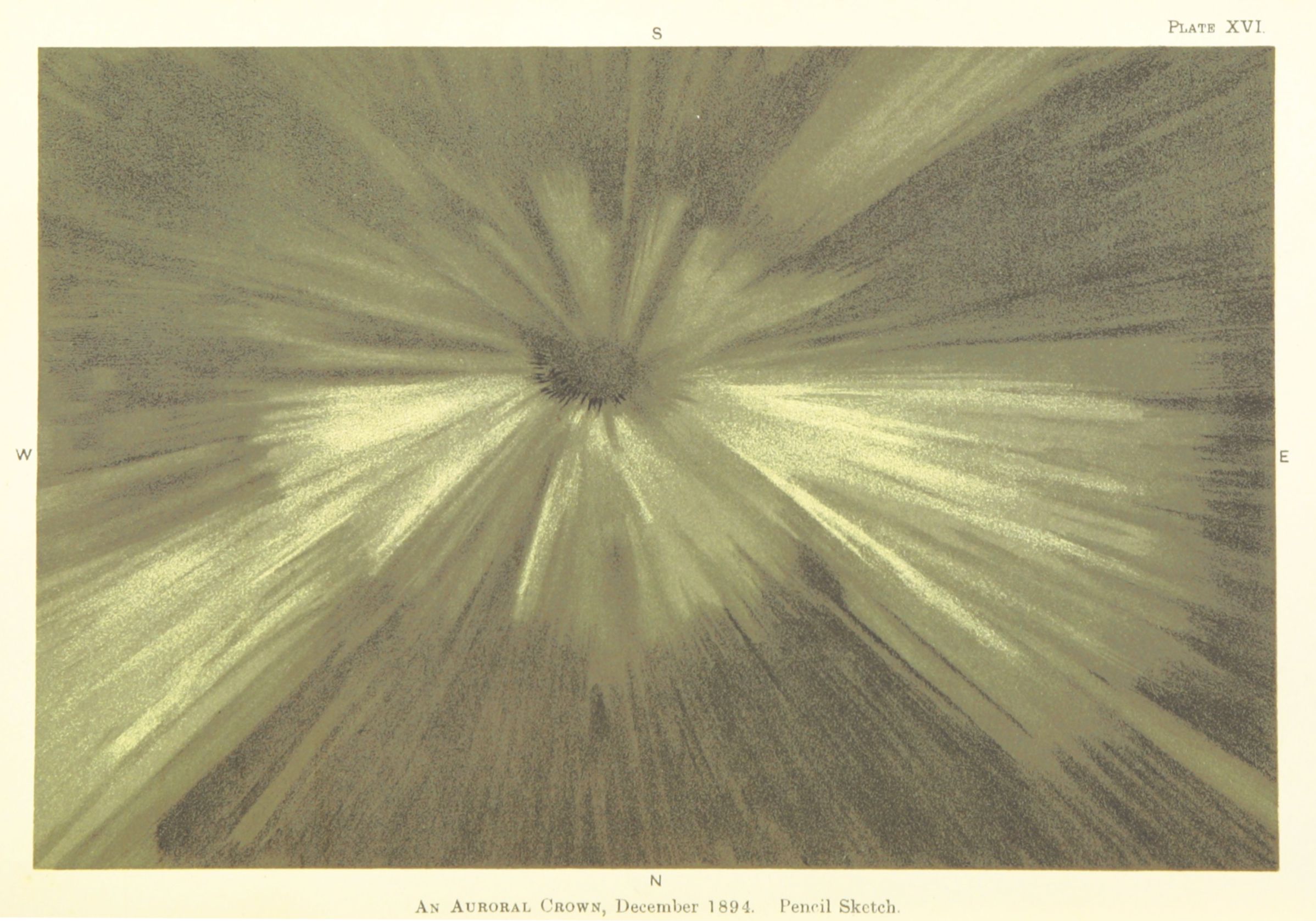 A vintage pencil sketch of an auroral crown observed in December 1894, with rays of light radiating from a central point.