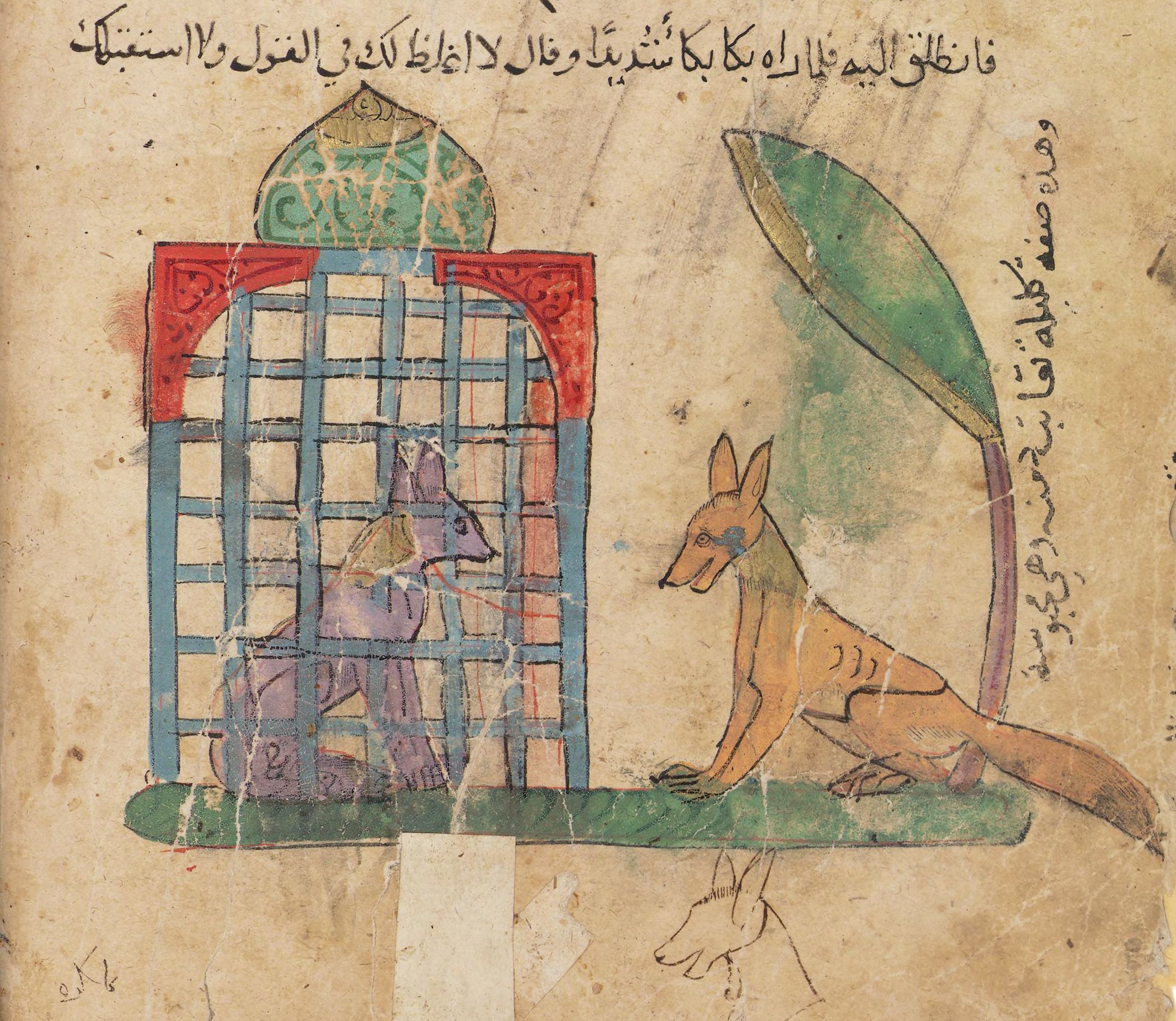 An illustration of a fox reaching towards a caged animal, with Arabic script on the side.