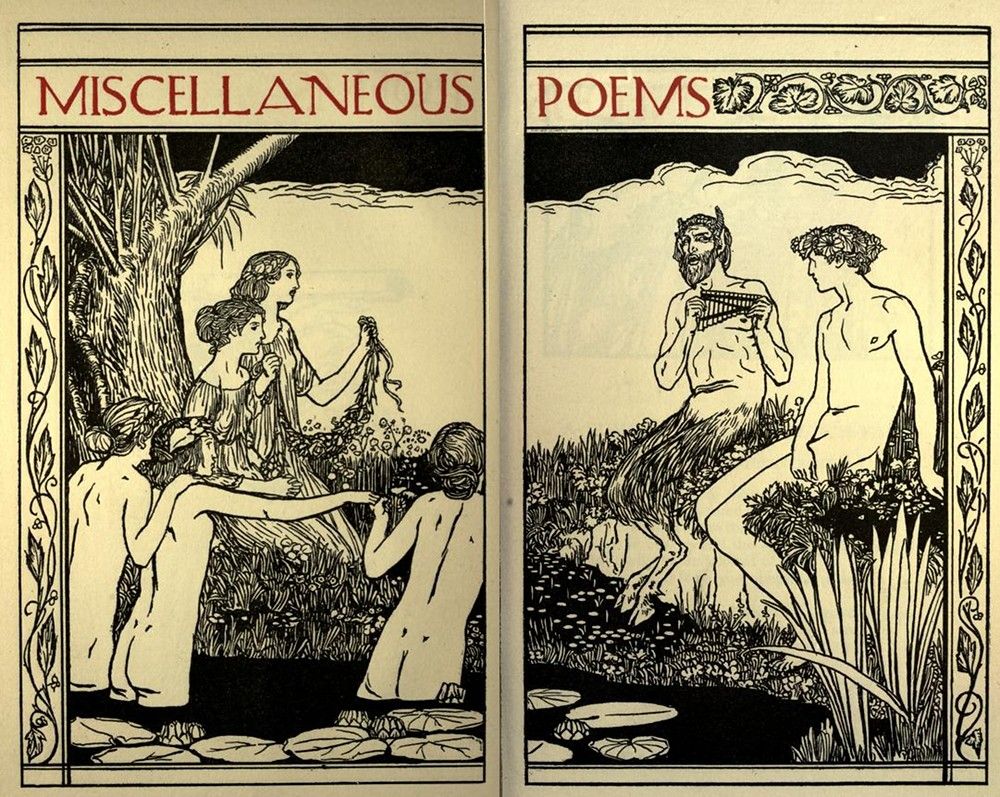 A black and white illustration of two panels. The left panel shows a group of nude figures gathered around a tree. The right panel shows two nude figures, one playing a pan flute, with a scythe nearby.