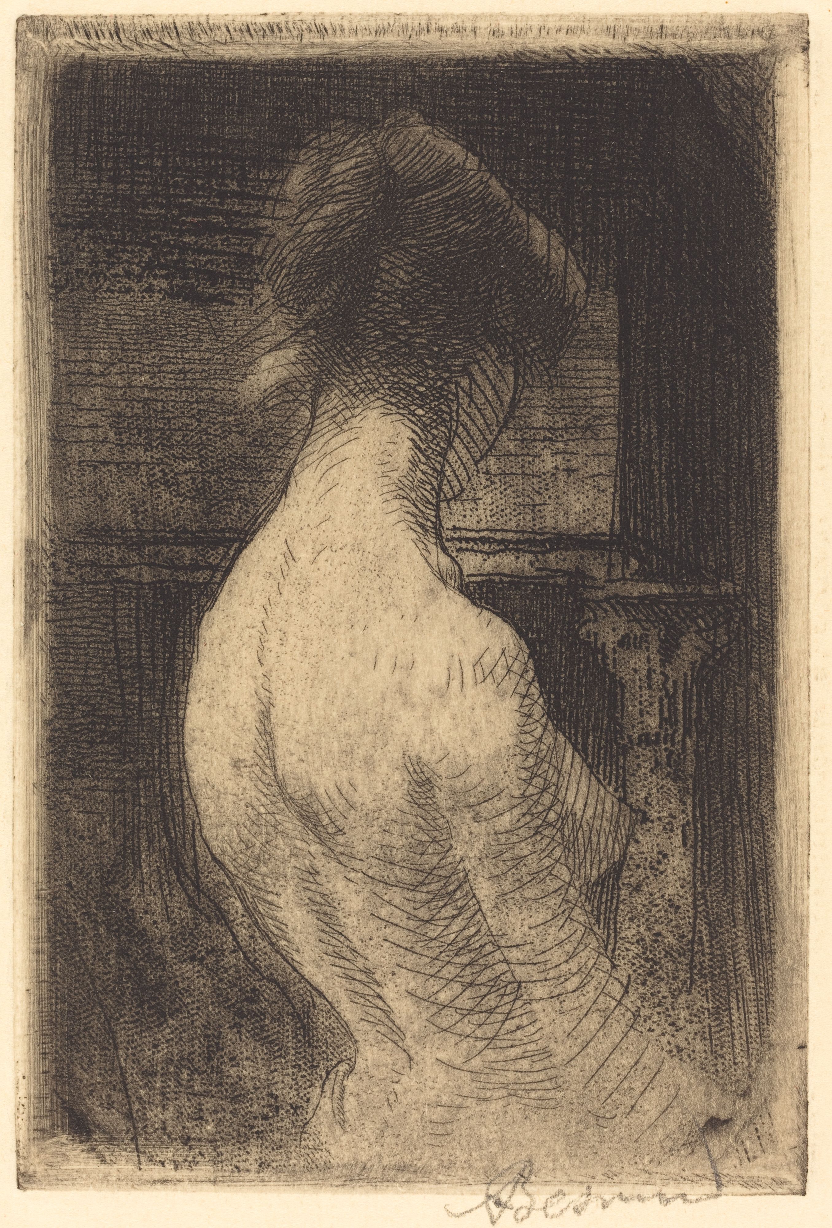 A black and white etching of a person's back, rendered with expressive line work.