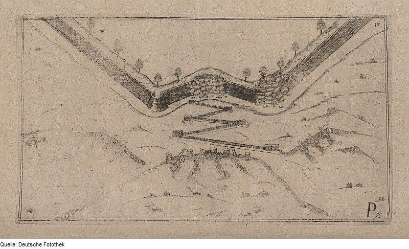 Vintage black and white sketch of a fortification with trees and landscape.