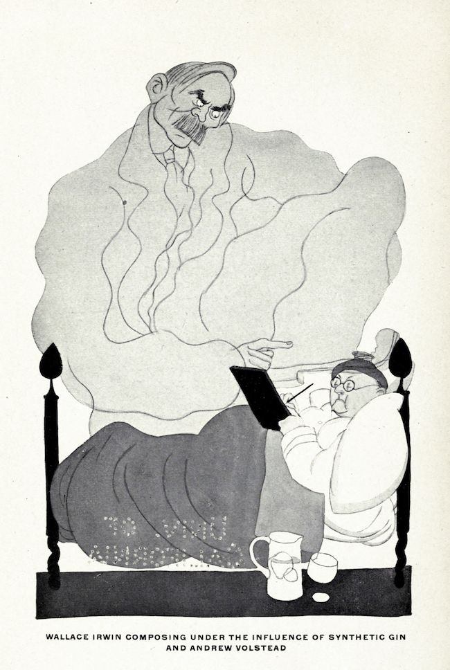 A black and white cartoon illustration of a man writing in bed, with a large, menacing shadow looming over him, representing the influence of 'Synthetic Gin and Andrew Volstead'.