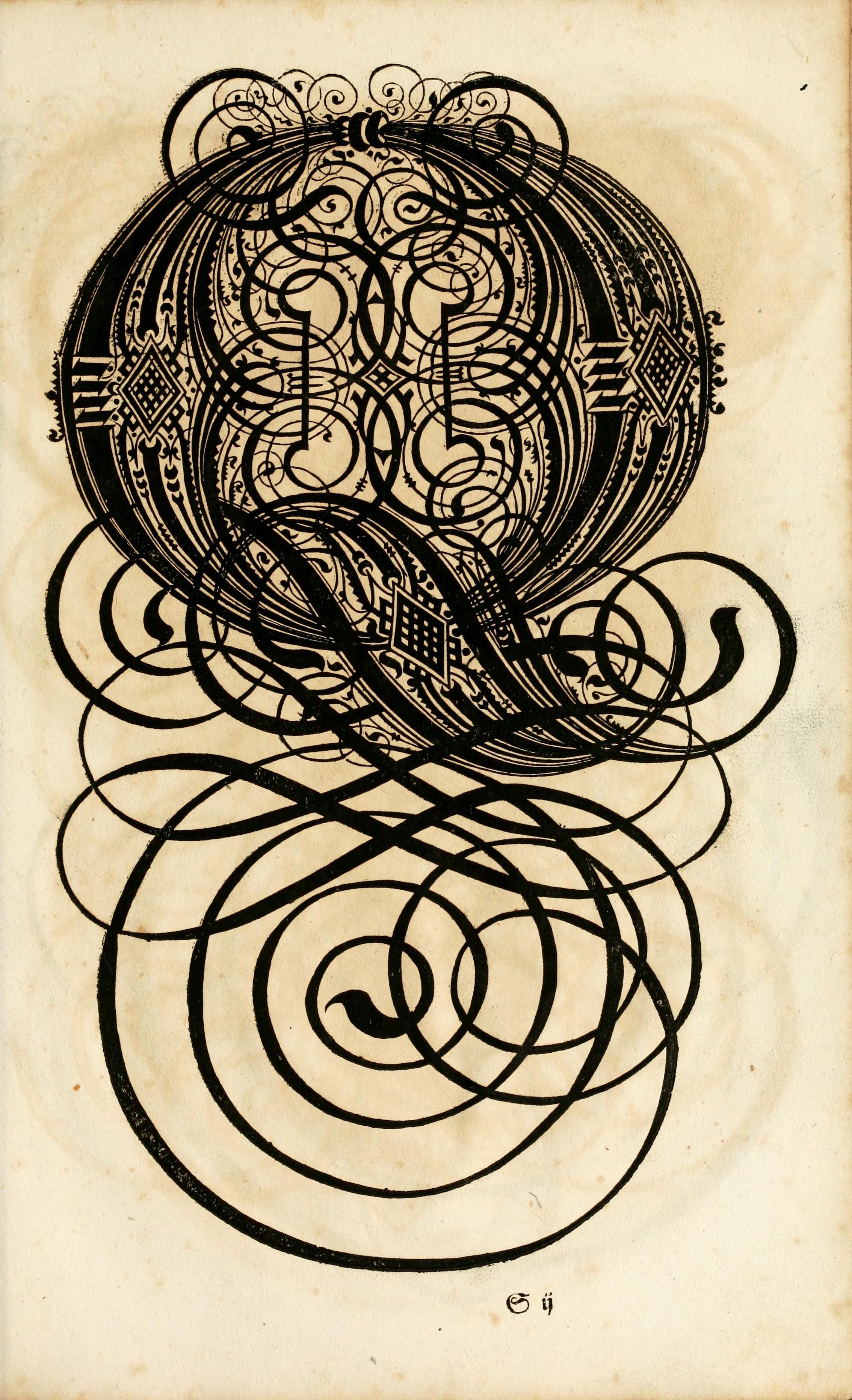 A detailed black and white drawing featuring a complex, symmetrical pattern with a central oval-shaped form filled with intricate lines, curves, and geometric shapes. Below the central form, a series of swirling, spiral-like shapes extend downwards.