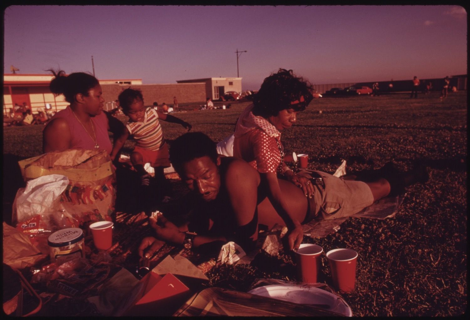A family enjoys a picnic on a grassy field during dusk. The sky is a gradient of purple and orange, and the blanket is covered with food and drinks.