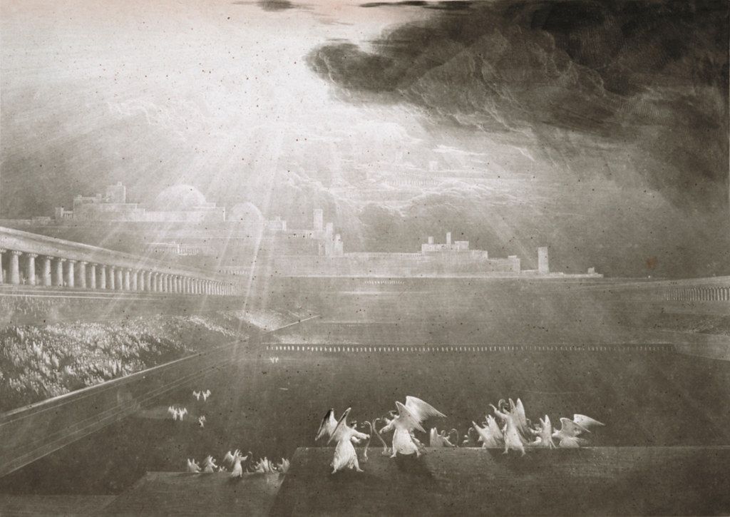 A black and white engraving depicting a biblical scene with angels descending towards an ancient city and a large crowd of people.