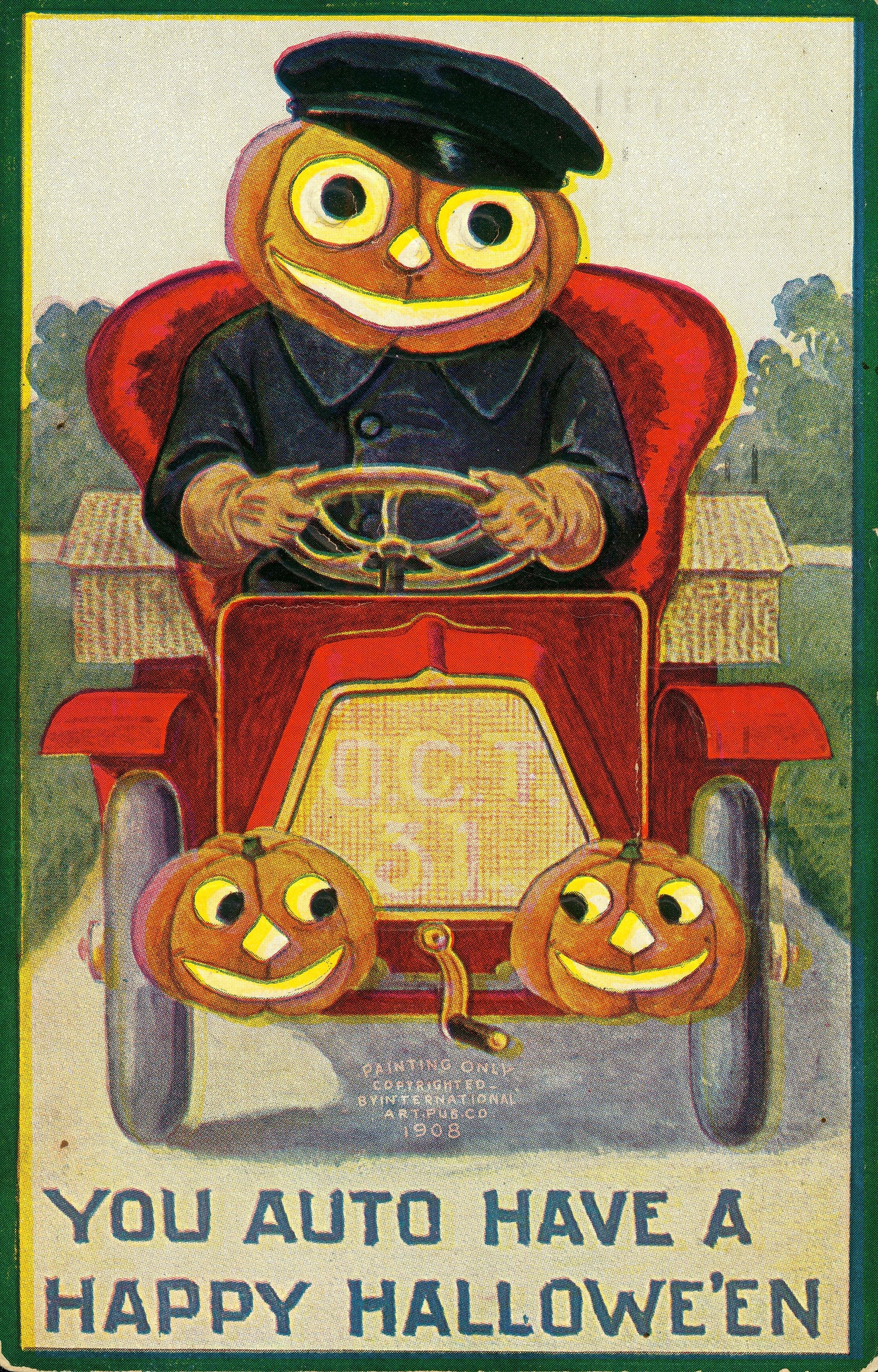 Vintage Halloween postcard featuring a pumpkin-shaped car driven by a pumpkin-headed driver.