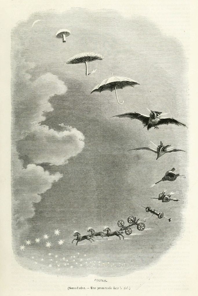 Vintage black and white illustration of a dreamlike scene with parasols, bats, horses, and carriages floating in a cloudy sky.