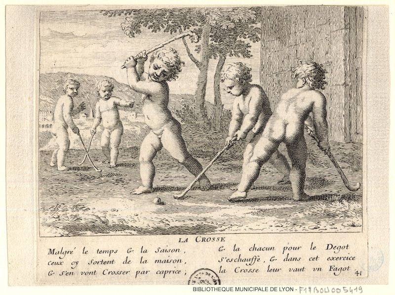 A black and white engraving depicting a line of cherubic figures engaged in agricultural work in a grassy field.