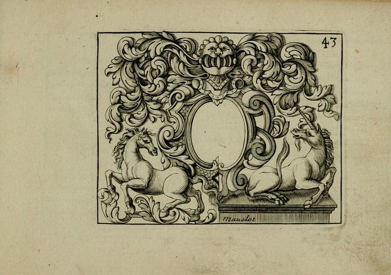 A detailed black and white illustration of an ornate heraldic design featuring a shield flanked by two unicorns, surrounded by elaborate foliage and floral motifs.