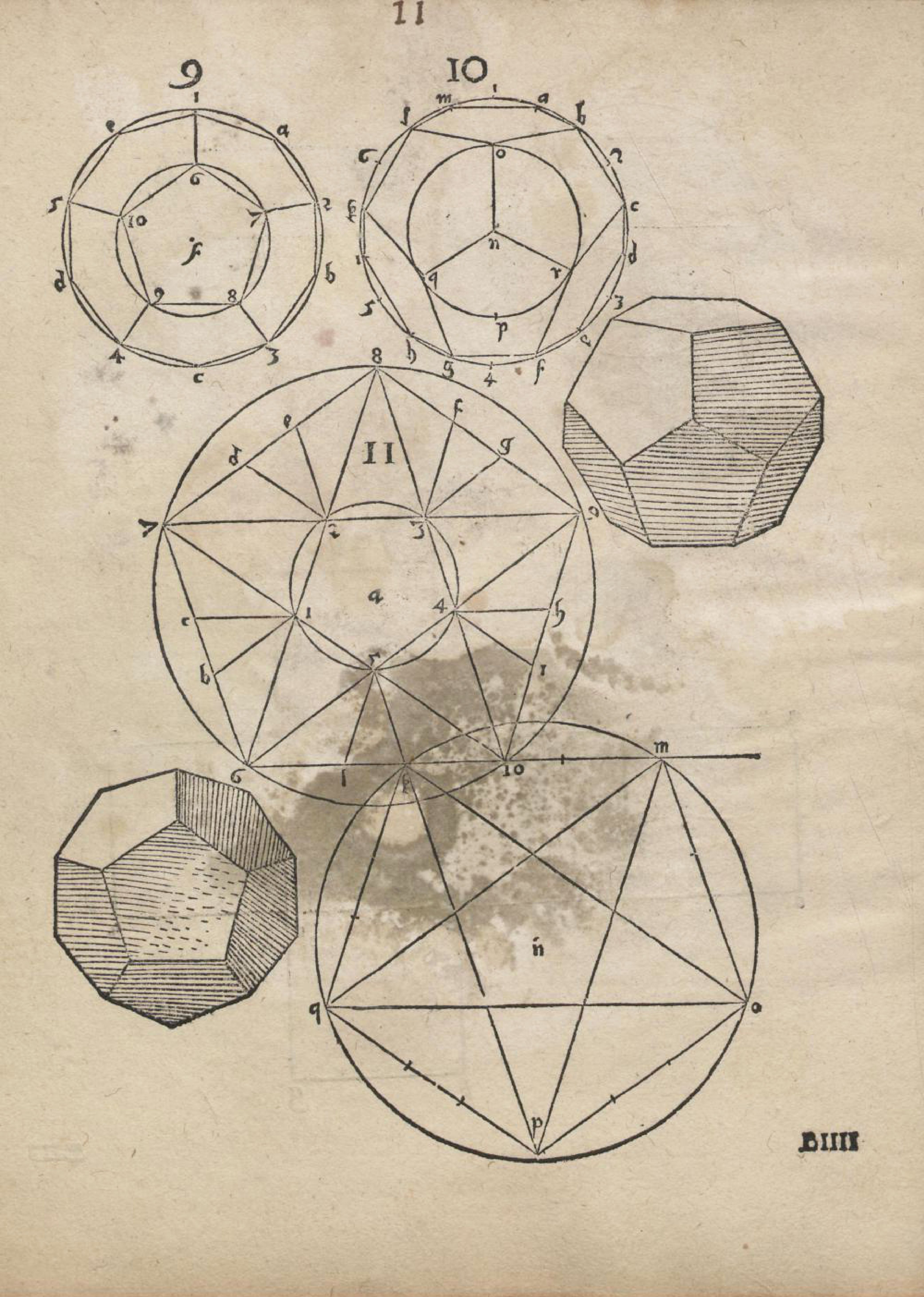 Vintage scientific illustration of interconnected geometric shapes and polygons with letters and numbers.